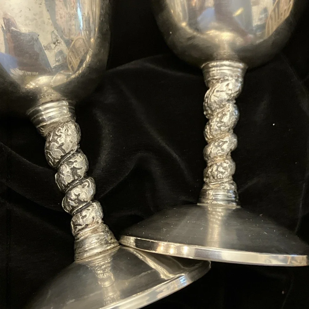 Set Of 2 VTG Silver Tone Twisted Stem Wine Goblets Valero Spain Polished Barware